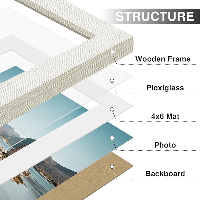 Vittanly 5x7 Picture Frames Set of 9, Shatter Resistant Plexiglass, Display 4x6 Pictures with Mat or 5x7 without Mat, Photo Frames for Wall or Tabletop, Engineered Wood, Whitemist