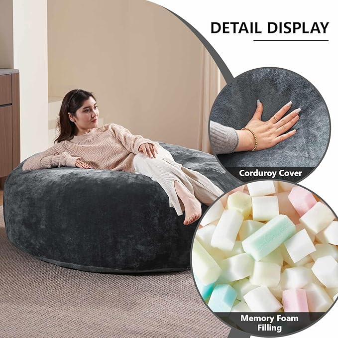 5FT，Big Bean Bag Chairs for Adults，Large beanbag with Filler Included，Memory Foam Material，Easy to Clean and Washable Corduroy Fabric，Suitable for Living Room and Bedroom (Dark Gray, 5 Foot)