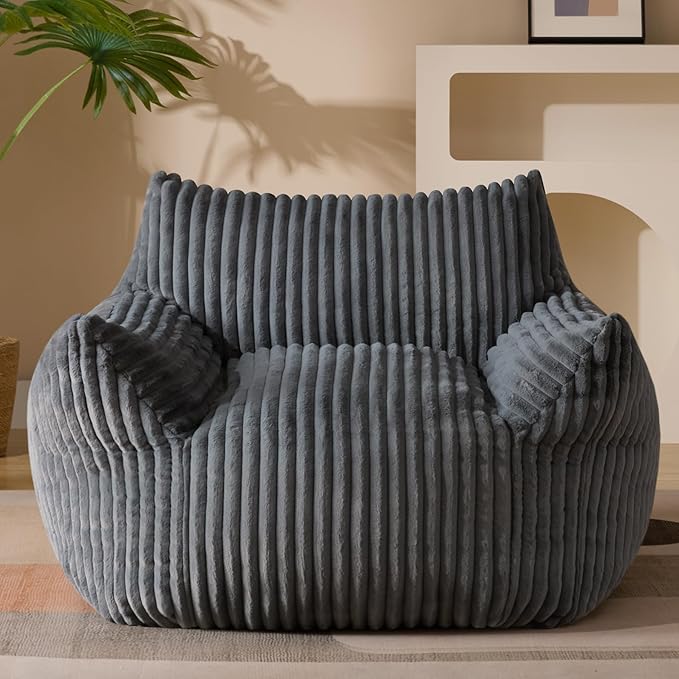 Giant Plush Bean Bag Chair for Adults with Armrests - Oversized Comfy Grey Beanbag Lounge Lazy Floor Sofa Accent Chair for Living Room, Bedroom & Dorm, Cozy Fluffy Single Cloud Mini Couch