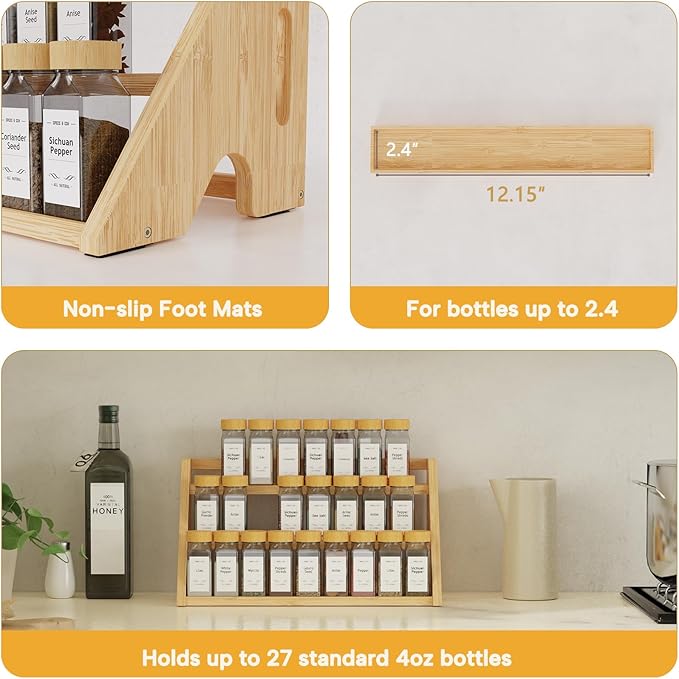 Bamboo Spice Rack Organizer -3-Tier Spice Rack for Countertop,Cabinet Spice Rack Organizer for 27 Spice Jars(4oz)，Step Shelf (yellow)