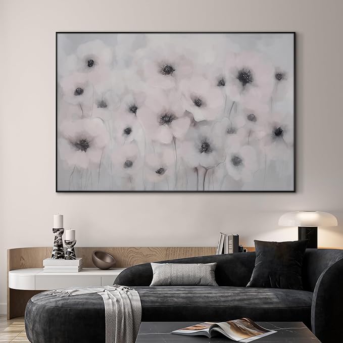 46"x72" Extra Large Framed Wall Art Soft White Poppies Watercolor Floral, Delicate Botanical for Home Living Room Bedroom Decor (Frame Assembly Required)