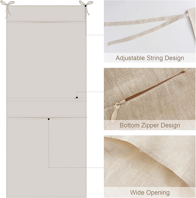 100% Linen Hanging Laundry Bag with 2 Compartments, Over the Door Laundry Hamper, Dirty Clothes Space Saving Organizer 19.7 x 47 Inches, Linen