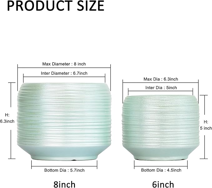 8 Inch + 6 Inch Ceramic Plant Pots Indoor with Drainage – Flower Pot Set, Decorative Indoor Planters for House Plants and Garden Use