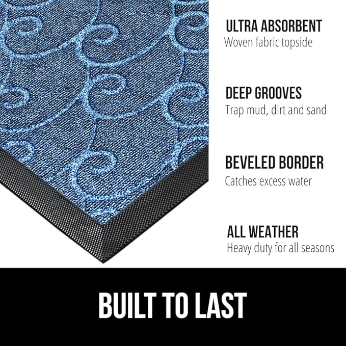 GORILLA GRIP 100% Waterproof All-Season WeatherMax Doormat, US Designed Natural Rubber, Stain and Fade Resistant, Low Profile Indoor Outdoor Door Mats, Easy Clean Patio Mat, 17x29, Ocean Blue Waves