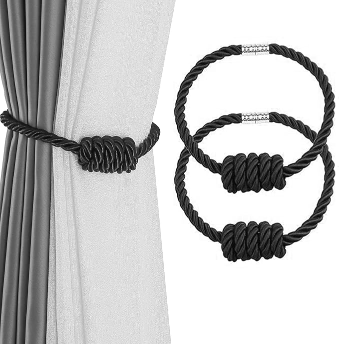 Fenghuangwu 2Pack Magnetic Curtain Tiebacks – Bohemian Style Handmade Woven Tie-Backs for Drapes,Elegant Exquisite Knot Holdbacks,Outdoor Boho & Modern Home Decor（Black