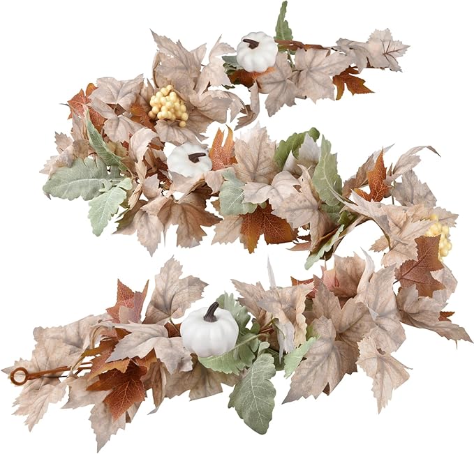Lvydec Fall Maple Leaves Garland Decoration - 5.8ft Artificial Fall Foliage Garland with White Pumpkins Autumn Decor for Halloween Thanksgiving Home Table Decor (White)