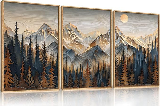Celestdeco Wood Mountain Framed Canvas Wall Art Set, Pine Trees Wall Painting, Ridge Scenery Wall Decor, Natural Sun Landscape Art Print for Living Room, Bedroom, Dining Room, Office - 24"x36"x3