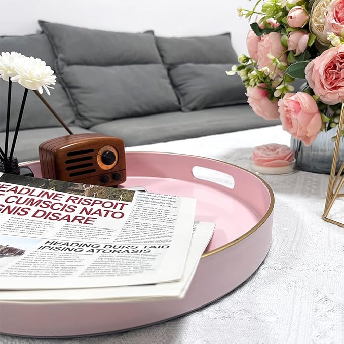 13" Pink Serving Tray with Handles,Round Decorative Tray for Coffee Table, Plastic Modern Coffee Table Tray for Ottoman, Living Room, Bathroom, Décor.