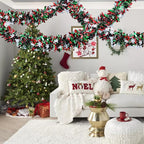 50 Feet Green Red Christmas Metallic Tinsel Twist Hanging Garland with Snowflake for Home Mantle Xmas Tree Staircase Railing New Year Holiday Party Indoor Outdoor Decorations（2 Pcs）