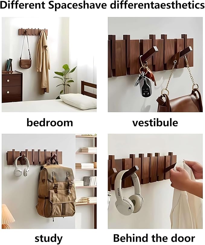 Wall Mounted Piano Key Hanger | Flip Style Hook | Entrance Wall Art Hook, Made of Oak Wood (3 Times Painted, 4 Times Polished) (Arc Beech, 10Hooks)