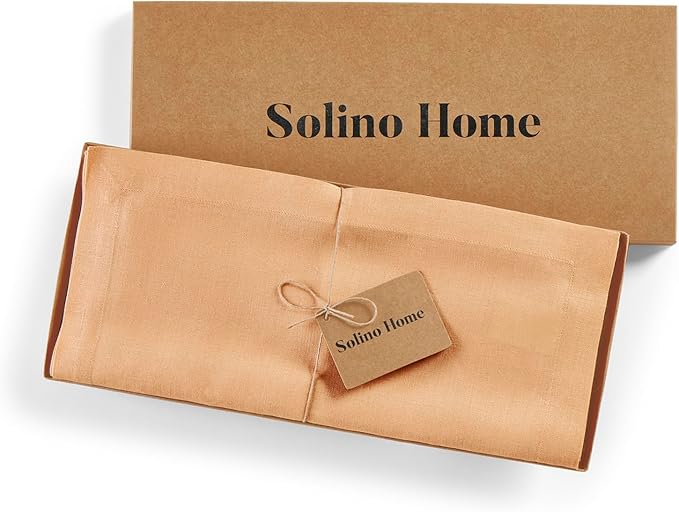 Solino Home Linen Peach Table Runner 60 Inches - 100% Pure Linen Short Table Runner 14 x 60 Inch Ideal for Dresser and Coffee Tables - Fete