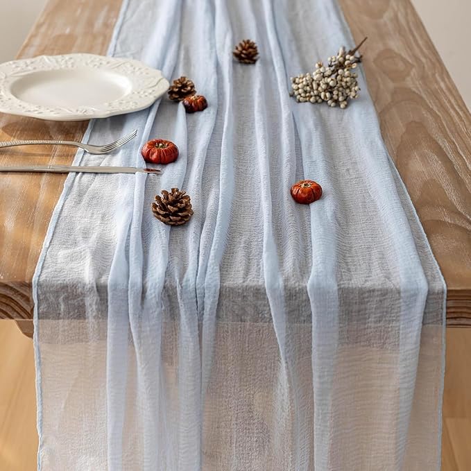 3pcs Light Blue Gauze Rustic Cheesecloth Table Runner 120 Inch 10 FT for Wedding Baby Shower Bridal Shower Birthday Engagement Garden Outdoor Party Long Sheer Boho Decorations