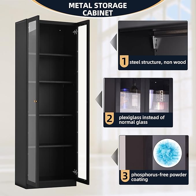 5 Tier Metal Curio Cabinets, Modern Bookshelf Cabinet with 4 Adjustable Shelves, Cabinet Display Case for Home Office, Living Room, Pantry (Black-27.5W)