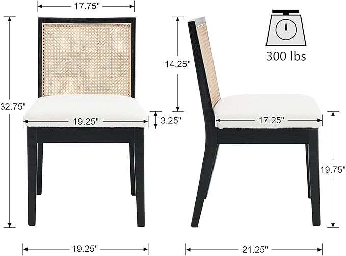 VESCASA Upholstered Dining Chairs with Square Rattan Back, Armless Padded Sherpa Fleece Cushion Dining Chairs with Wood Legs for Dining Room, Kitchen, Set of 4, Black Frame