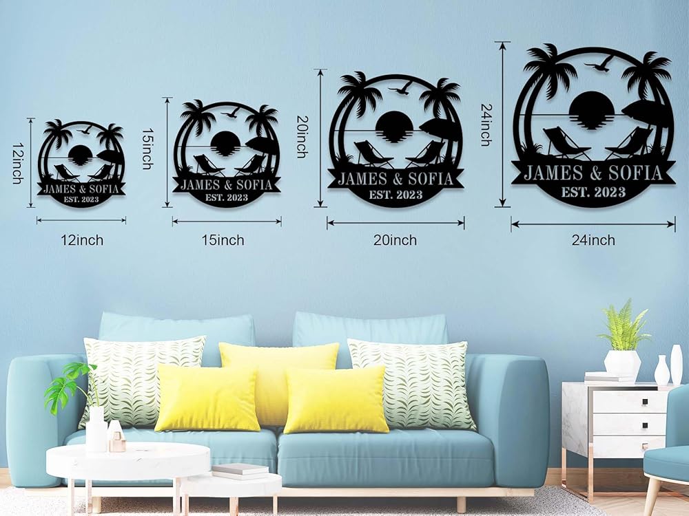 Personalized Beach Metal Monogram Sign, Custom Palm Trees Metal Name Sign, Outdoor Metal Family Name Sign, Custom Last Name Sign, Beach Coastal House Decor