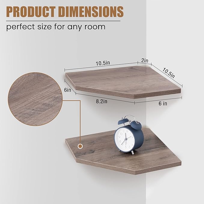Corner Shelf Wall Mount, Floating Corner Shelves, Set of 2 Corner Wall Shelf Organizer, Rustic Wood Wall Storage Display Shelves for Living Room Bedroom Bathroom Kitchen, Rustic Grey