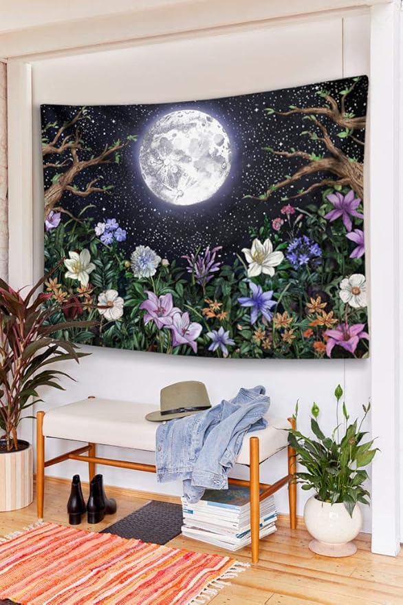 Neasow Aesthetic Moon Garden Tapestry Wall Hanging, Night Landscape with Colorful Plants Floral Tapestries for Bedroom Home Decor Multi Color 60×80 inch (150cm×200cm)