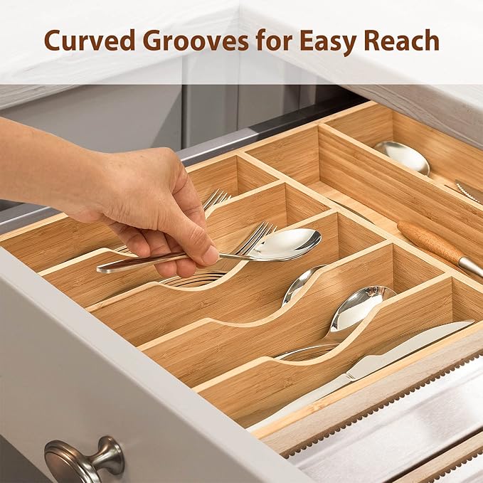 Umilife Kitchen Drawer Organizer, 12.5 Inch Silverware Utensil Tray Holder, Extra Deep, with Non-Slip Feet & Grooved Drawer Divider, 7 Slots Total Bamboo Wood Caddy for Flatware Cutlery Knives