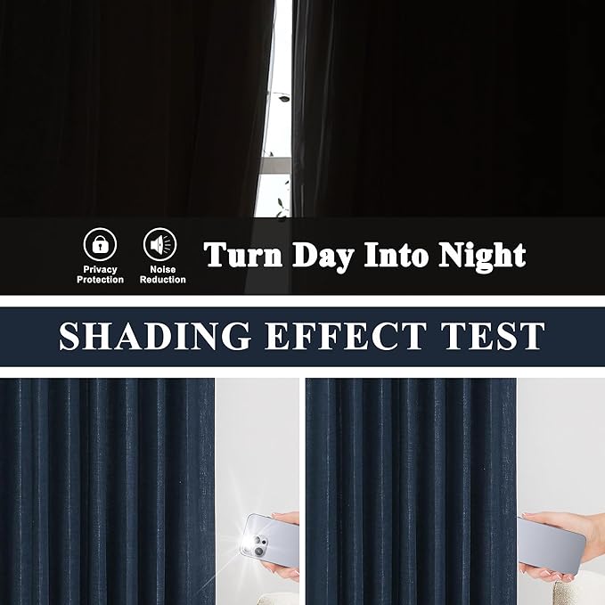 Vision Home Navy Blue Pinch Pleated Full Blackout Curtains Linen Blended Room Darkening Window Curtains 112 inch for Living Room Bedroom Thermal Insulated Pinch Pleat Drapes with Hooks 60" Wx112 Lx1