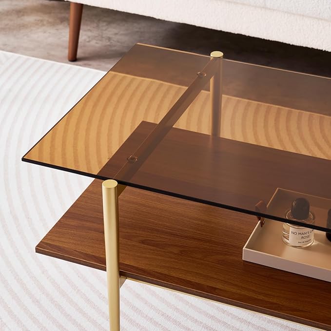 Rectangle Coffee Table, Mid-Century Modern Design, L41 W21 x H17, for Living Room, 2-Tier Structure, Amber Glass Top and Walnut MDF Shelf, Sleek Conical Metal Legs with Gold Finish