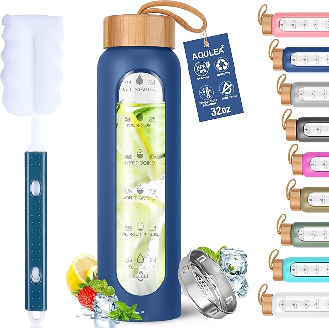 Aqulea Glass Water Bottles 32 Oz with Silicone Sleeve - BPA Free Reusable Wide Mouth Glass Motivational Water Bottles with Fruit Infuser – Leak Proof Borosilicate Water Bottle with Time Marker (Blue)