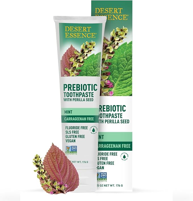 Desert Essence Prebiotic Plant-Based Whitening Toothpaste - Mint - Oral Care with Inulin, Perilla Seed & Aloe - Vegan, Fluoride Free, Non-GMO, Gluten-Free, Cruelty-Free - 6.25 oz