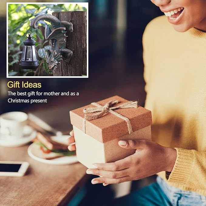 Solar Dragon Tree Hugger Statue Wall Decor - Gothic Garden Statue with Solar Lantern, Outdoor&Yard Decor, Fantasy Dragon Figurine for Trees, Walls, or Fences - Unique for Men & Women