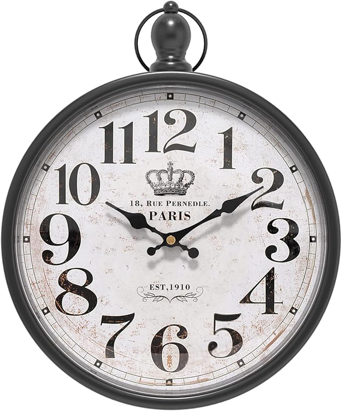 Menterry Retro Round Wall Clock. Black Vintage Antique Style Decor Wall Clocks for Kitchen,Farmhouse,Bedroom,Bathroom,Office, (11.8" H x 9.3" W)
