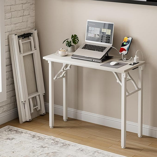 Frylr Small Folding Computer Desk – 35.8 Inch Portable Table for Craft and Study, Lightweight Desk for Small Spaces, Foldable Laptop Table Built-in AC/USB Outlets for Convenience, White Ash