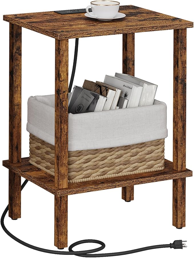 TUTOTAK End Table with Charging Station, Small Side Table with Outlets, Nightstand Bedside Table, 2-Tier Storage Shelf for Small Space, Living Room, Bedroom, Brown TB01BB040C