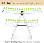 COSTWAY Clothes Drying Rack, Foldable 2-Level Laundry Drying Rack w/Height-Adjustable Wings, 33 Drying Rails & Sock Clips, Standing Large Drying Rack for Clothing, Indoor Outdoor Use