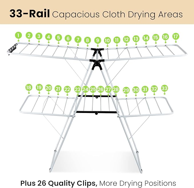 COSTWAY Clothes Drying Rack, Foldable 2-Level Laundry Drying Rack w/Height-Adjustable Wings, 33 Drying Rails & Sock Clips, Standing Large Drying Rack for Clothing, Indoor Outdoor Use
