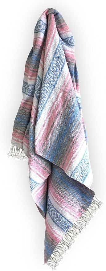 Del Mex Classic Mexican Blanket, Large Authentic Woven Falsa Throw (70"x50"), Artisan Southwest Décor for Beach, Yoga, Outdoors (Light Pink/Blue)