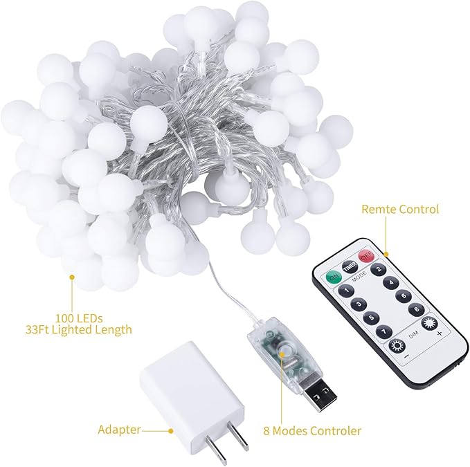 Minetom 33 Feet 100 Led Mini Globe String Lights, USB Fairy String Lights Plug in, 8 Modes with Remote, Decor for Indoor Outdoor Party Wedding Christmas Tree Garden, Warm and Multi