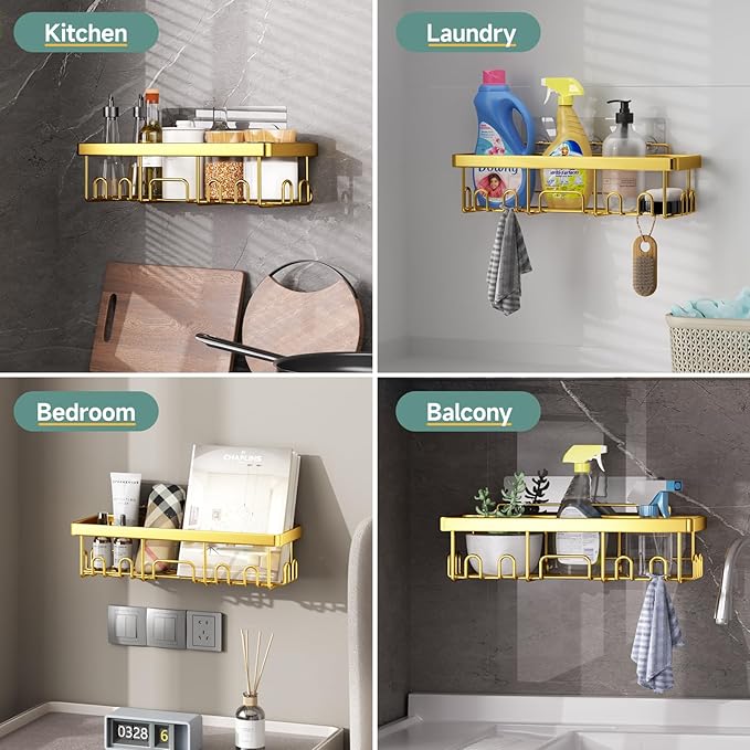 Veken Adhesive Shower Caddy 6-Pack,Gifts for Women Mom,Heavy Weight Bearing,Large Wall Mounted Bathroom Shelves Rack,Organizer Storage Accessories with Soap Dish&Toothbrush Holder,Bright Gold