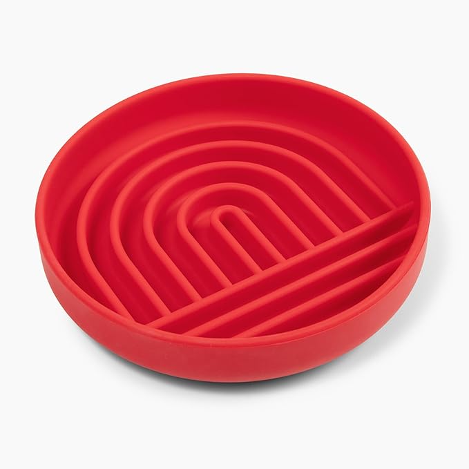 The Slowdown Bowl Silicone Slow Feeder for Dogs & Puppies, Slow Eating, Modern Lick Mat Design, Reduces Gulping, Fits 2 Cups 7.5” Across x 1.5” Tall, Mealtime Challenge, Medium-Cherry