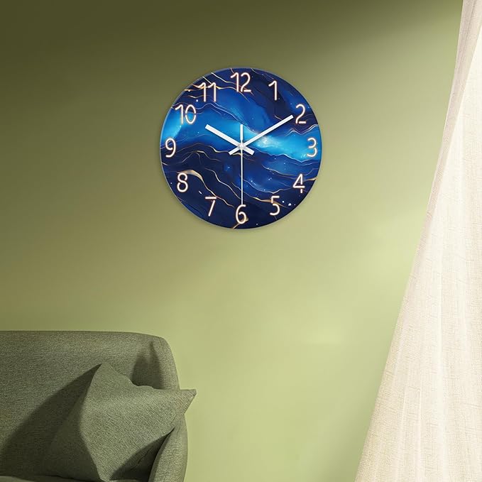 Small Wall Clocks Battery Operated 12 Inch Blue Marble Wall Clock for Kitchen Glass Analog Silent Wall Clock Non Ticking