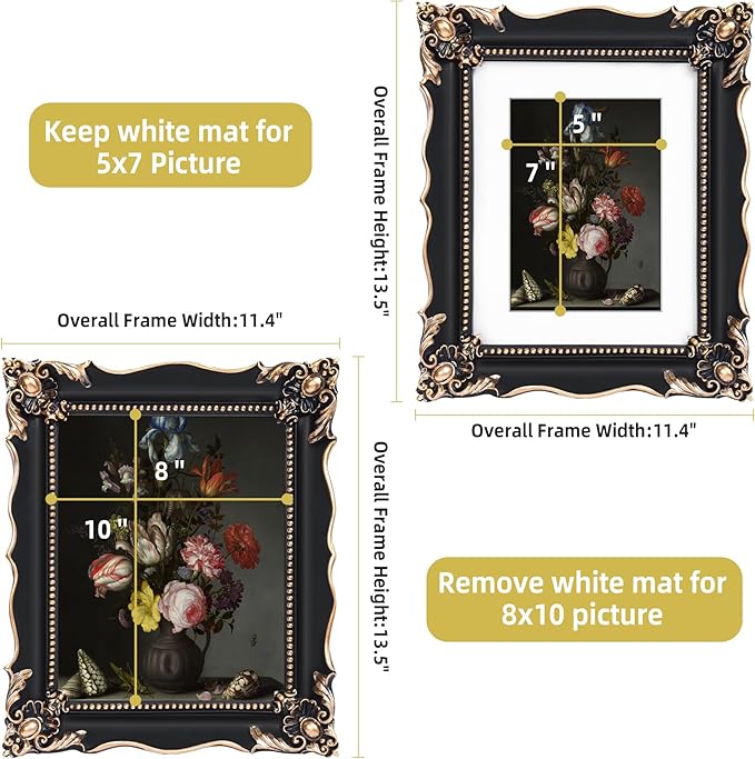 8x10 Vintage Picture Frame with Embossed Flower Design, Black Ornate Frame for 8x10 or 5x7 Pictures with White Mat, Hand-Crafted Resin Antique Frames for Tabletop & Wall Hanging, Home Decor (Black)
