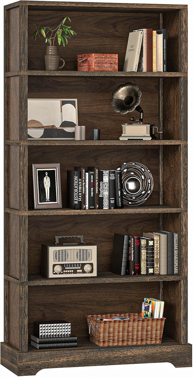 TVU 5-Shelf Wood Bookcase, 65 Inch Tall Bookshelf with Storage, Floor Standing Display Book Shelf, for Living Room Bedroom Study Office, Rustic Brown