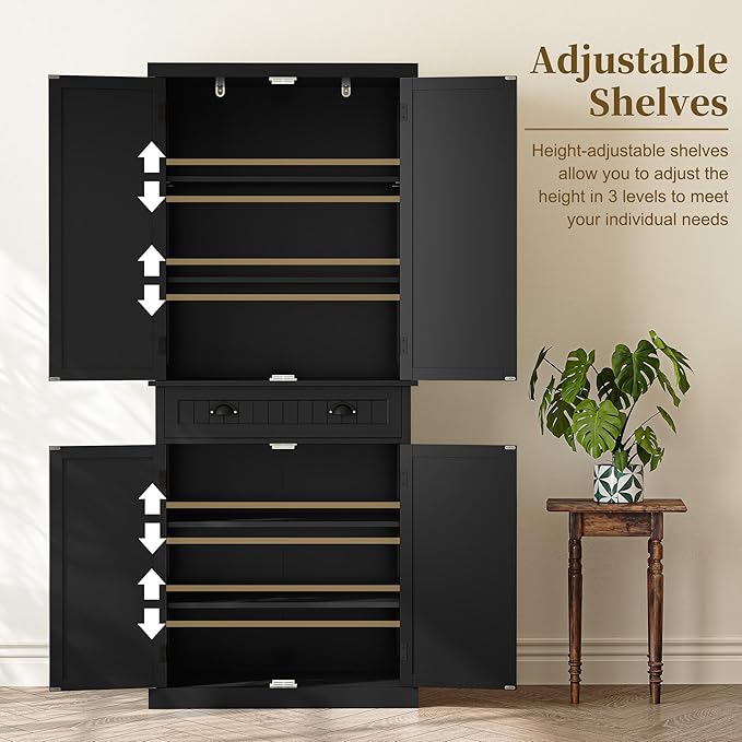 ARTPOWER 72" Tall Kitchen Pantry Storage Cabinet with Drawer and Adjustable Shelves, Pantry Cabinet for Kitchen, Bathroom or Hallway, Black