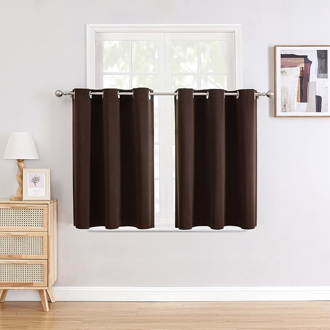 ChrisDowa Small Window Curtains for Kitchen and Bedroom - Grommet Short Thermal Insulated Room Darkening Curtains (2 Panels, Brown, 34 x 36 Inch)