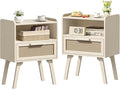 Lerliuo Rattan Nightstands Set of 2, Side Table with Drawer Open Shelf, Cane Accent Bedside End Table, Mid Century Modern Night Stand for Bedroom, Dorm and Small Spaces (Grey White)