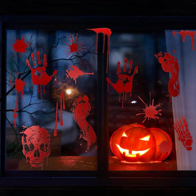 DC-BEAUTIFUL Halloween Bloody Handprint Footprint Horrible Window Stickers, 12 Sheets Decoration Clings for Window Wall Floor Glass Bathroom Outdoor Indoor Halloween Party