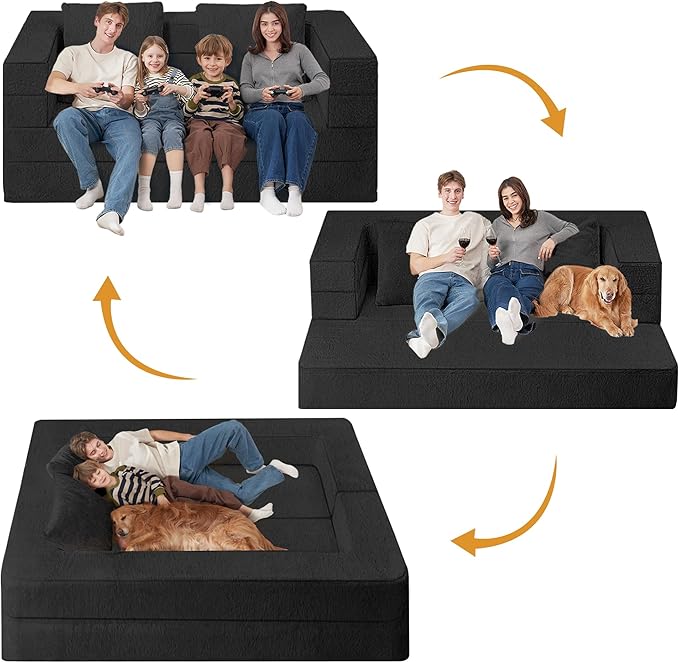 Folding Bean Bag Chair for Adults,3-in-1 Bean Bag Couch Faux Fur Floor Sofa Large Beanbag Convertible Bean Bag Sofa Bed with Pillow in Bedroom,Living Room,Apartment(Queen,Black)