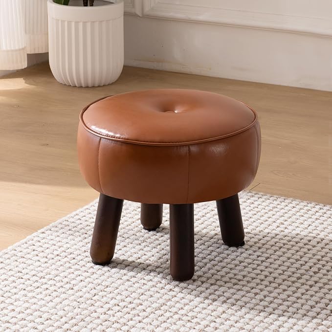 Small Foot Stool, Round Faux Leather Pouf Ottoman Foot Rest, Footstool Ottomans with Rubber Legs Under Desk, 13''L x 13''W x 10.2''H, Footrest for Couch, Living Room, Bedroom, Hallway, Brown