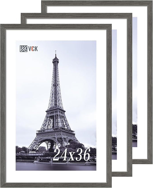 VCK 24x36 Poster Frame 3 Pack, Gray Solid Wood Picture Frame, Exclusive Wood Grain, Wall Mounting Hanging