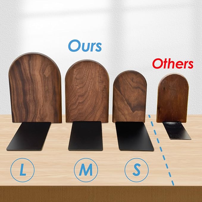 Book Ends, Large Sturdy Wooden Bookends for Shelves - Heavy Duty Non-Slip Book Organizers, Decorative Bookend Holders for Home Office, Library, Black Walnut Universal Economy Bookend, 1 Pair
