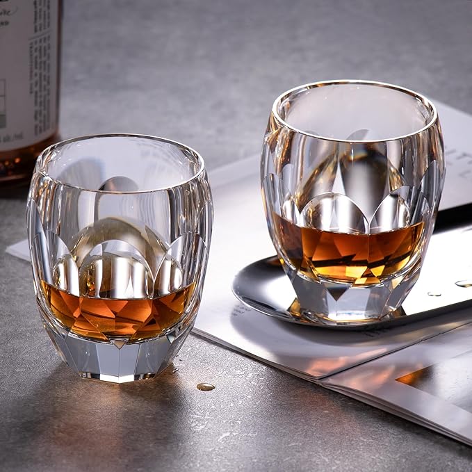 KAMMAK Crystal Whiskey Glasses Set of 2, Luxury 7.44oz Old Fashioned Glasses Stemless, Handcrafted Cocktail Glasses, Hand Blown Scotch Cup for Women, Men Gift for Bourbon Barware, Home Bar
