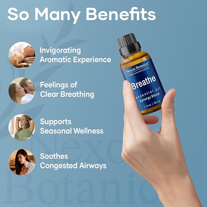 Breathe Essential Oil Blend 30 ml - Breath Sinus Relief with Menthol Oils - for Humidifiers, Diffusers, and Aromatherapy - Nexon Botanics