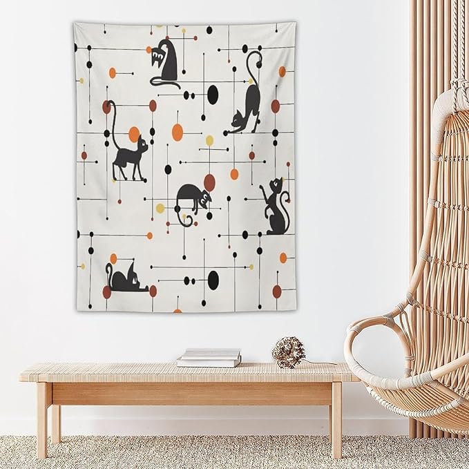 ICMOLYYENLO Abstract Cat Tapestry, Medieval Abstract Atomic Star Cat Vintage Home Wall Hanging Art Tapestry for Bedroom Living Room Dormitory 50x60 Inch